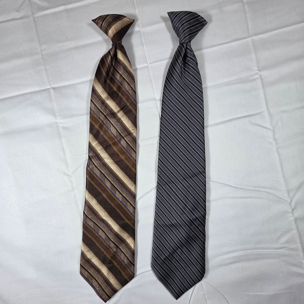 Puritan Mens Clip-On Necktie Set 2 Brown Grey Striped Professional Ties